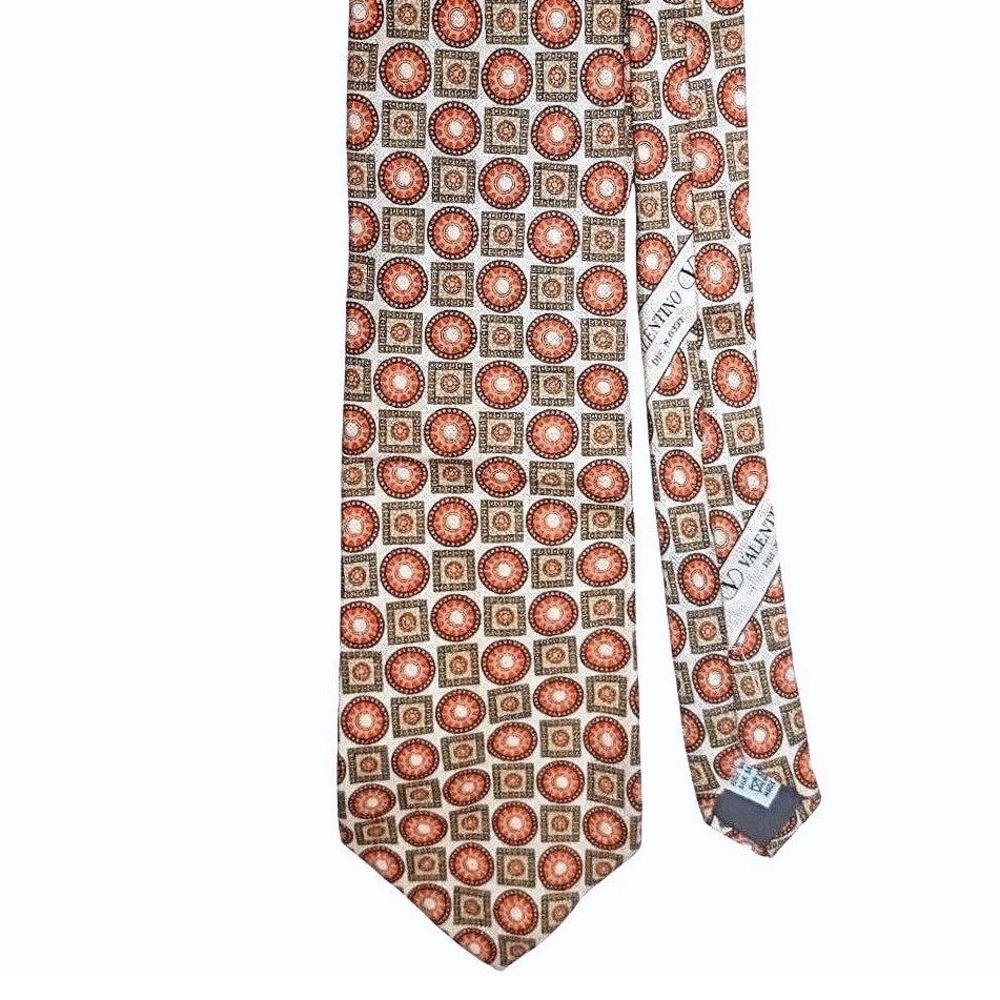 Valentino Cravatte Mens Silk Tie Geometric Medallion Orange Cream Italy Vintage